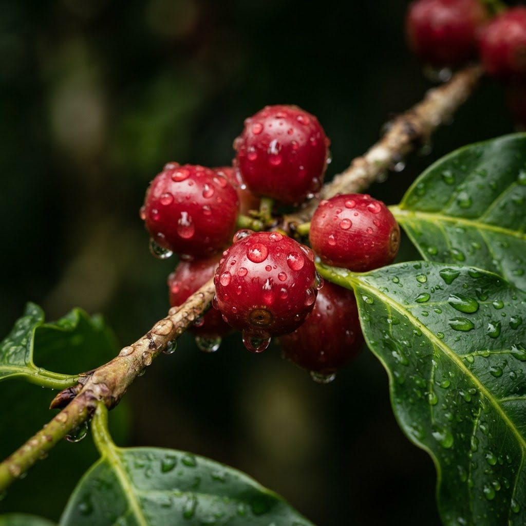 Cerezas de café maduras en la rama