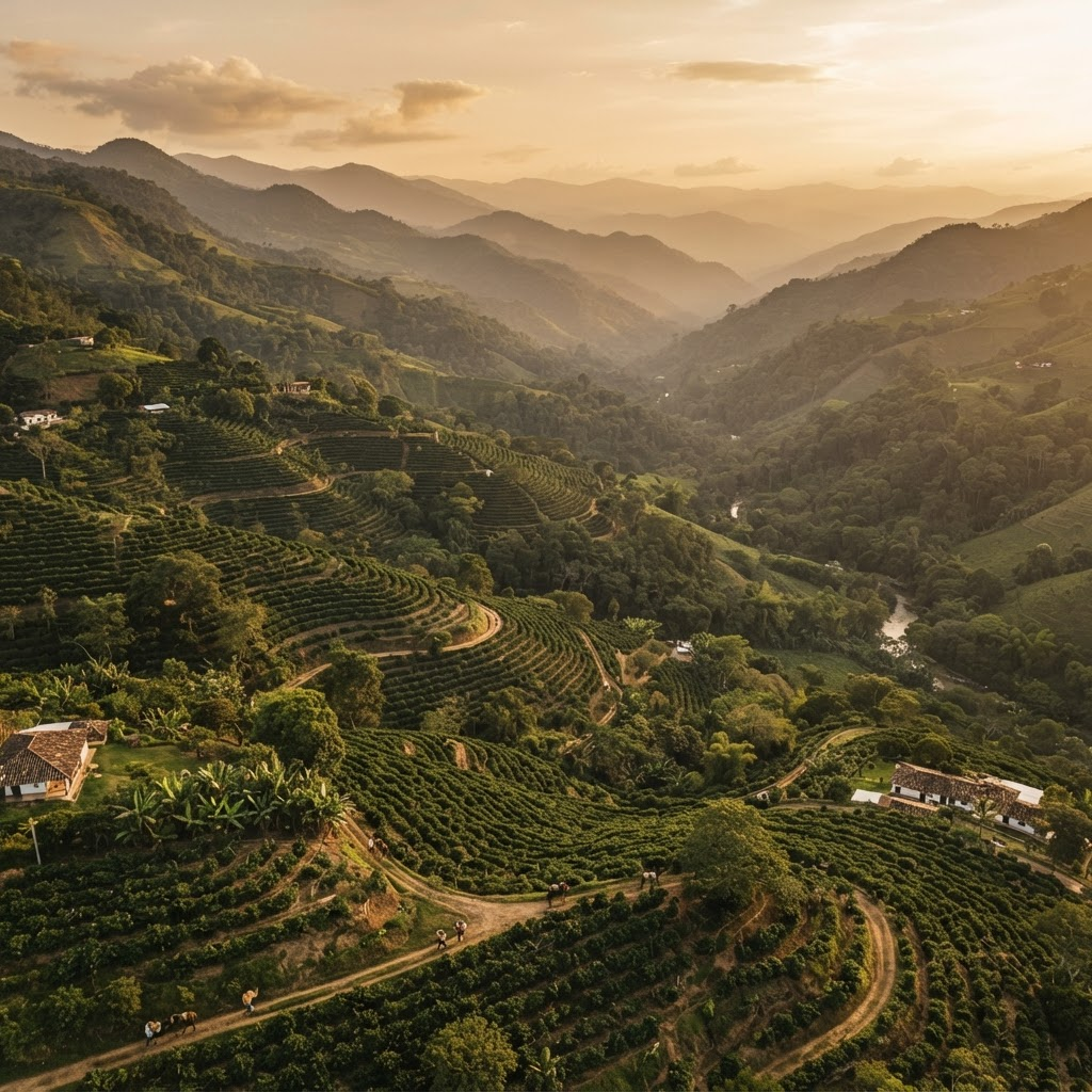 Montañas cafeteras de Caldas, Colombia, al amanecer