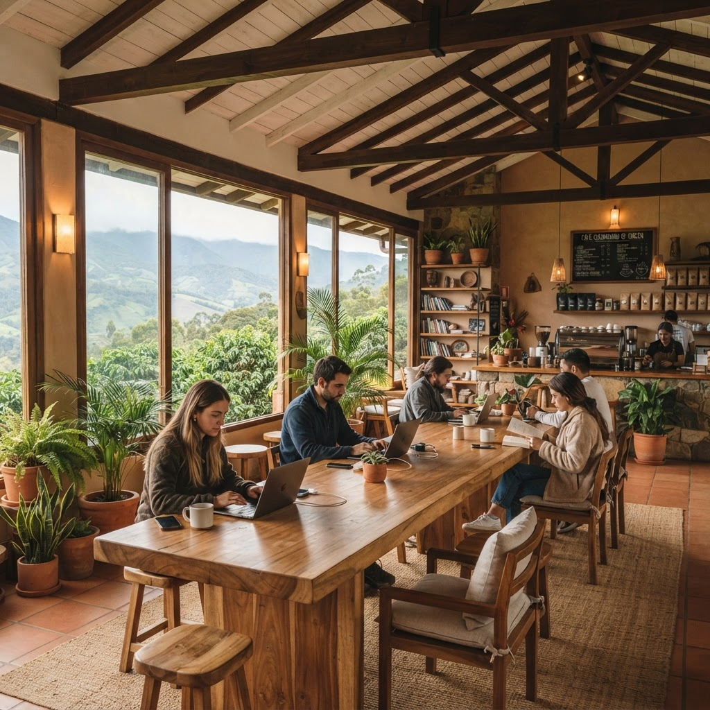 Mesa comunal de trabajo con vista a los cafetales